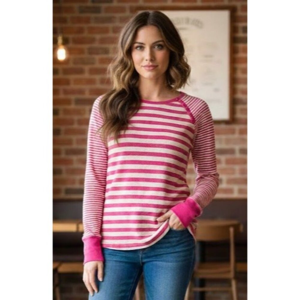 Y2K Gap Thermal Waffle Stripe Henley Pink White Preppy Bella Swan Coquette Sz M